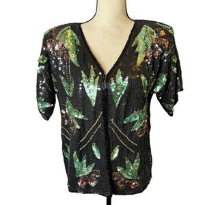 Vtg Jewel Queen Black Sequin Tropical Leaf Embellished Short Sleeve V-Neck Top S